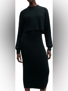 AllSaints 2 Piece Black Ribbed Midi Dress and Long Sleeve Sweater